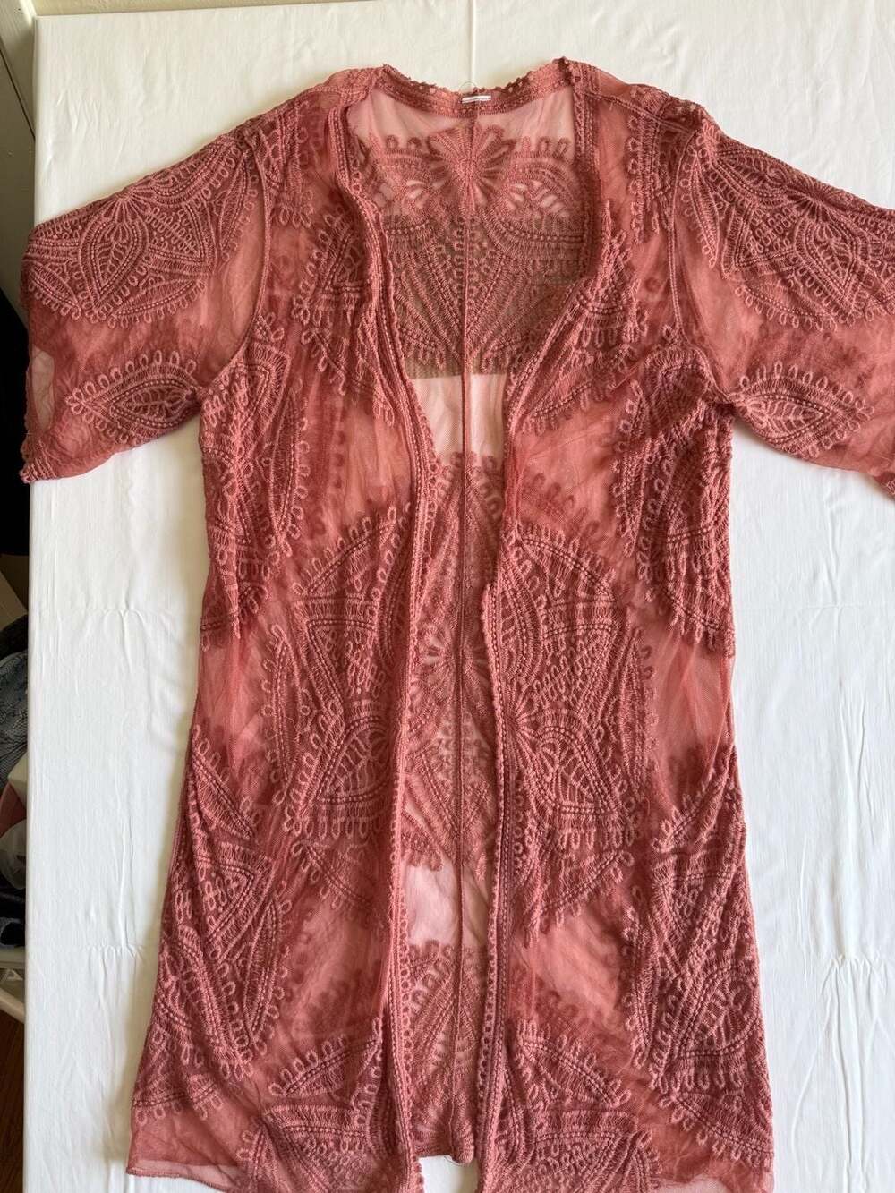 Rose Lace Tie Front Open Duster Kimono Cardigan Boho  0/S